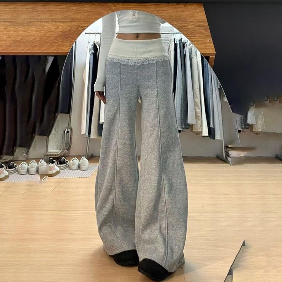 Frühlings-Herbst Strick-Jogger mit Spitzeinsätzen und weitem Bein für Damen Vielseitige lockere drapierte bodenlange Freizeithose