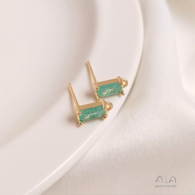 14K Gold-Plated Silver Studs with Rectangular Zircon and Colorful Hanging Ear Pins for DIY Accessories