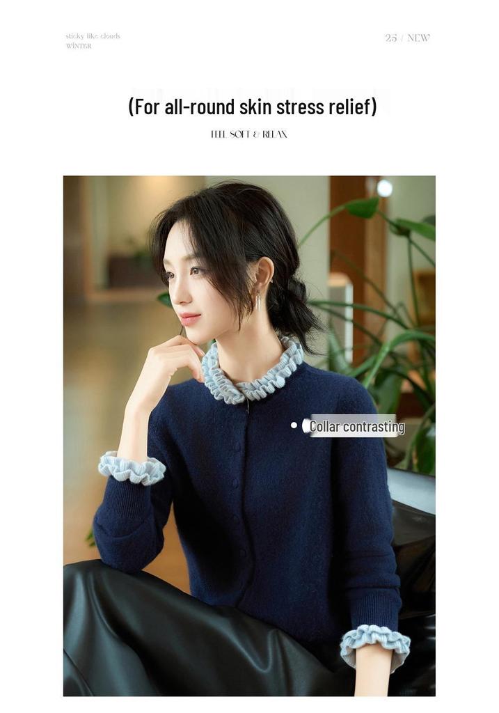 Women's Pure Wool Lace Ruffle Collar Knit Cardigan with Color Block Design