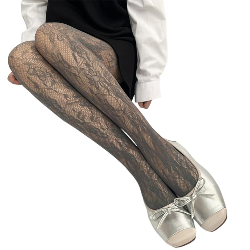 Women Sunflower Jacquard Pattern Fishnet Tights Stockings Sexy Hollowed Sheer Mesh Lace Solid Colored Pantyhose Leggings