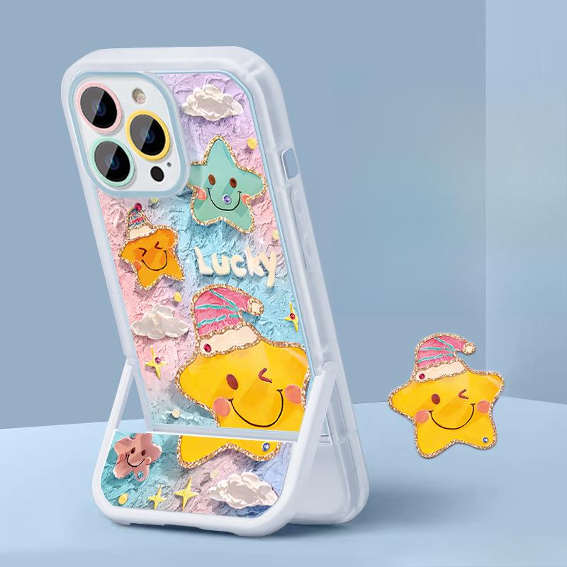 Oil Painting Stars Suitable for Apple 13promax Mobile Phone Case Xiaomi 15 Invisible Bracket 16 Cute 14 Silicone Anti-fall