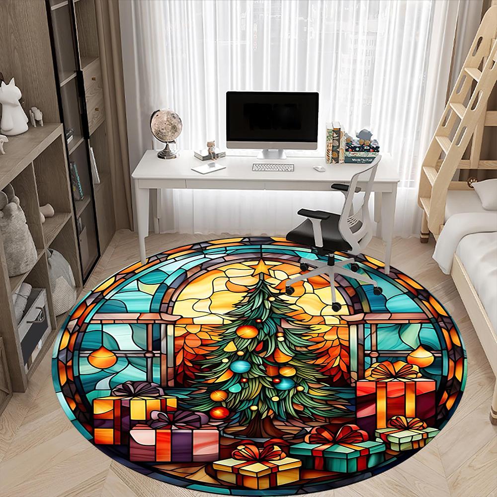 1pc Christmas StainedGlass Office Round Area Rug, Under Office Chairs Bedroom Living Room Home Decor, Room Deco