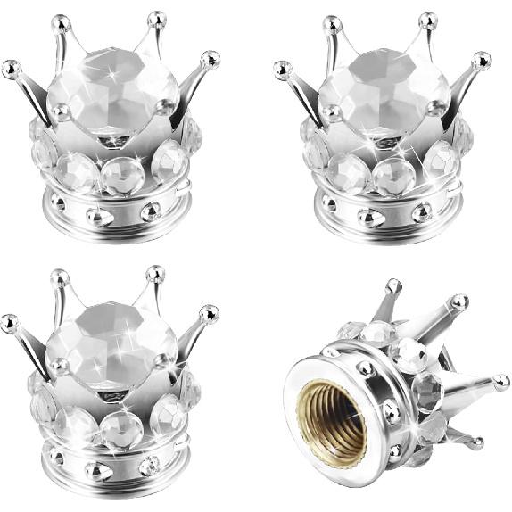 4PCS Crown Bling Tire Valve Stem Caps - Crystal Diamond Car Wheel Tire Caps - Handmade Rhinestone Universal Chrome Vehicle Tire Caps for SUV, Trucks,