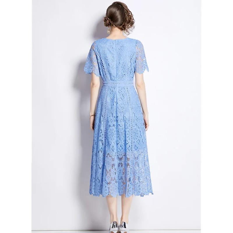 Abito da Donna Estivo Elegante Slim con Scollo a O, Manica Corta, Pizzo Intrecciato, Vintage di Alta Gamma, Abbigliamento