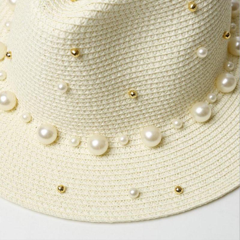 Ymsaid 2022 New Summer British pearl beading flat brimmed straw hat Shading sun hat Lady beach hat