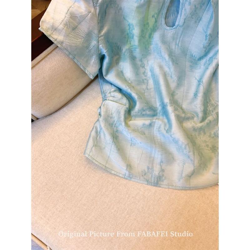 Blue Jacquard Button Short-sleeved Shirt Women's Summer New Daily Wear Cheongsam Collar Small Top