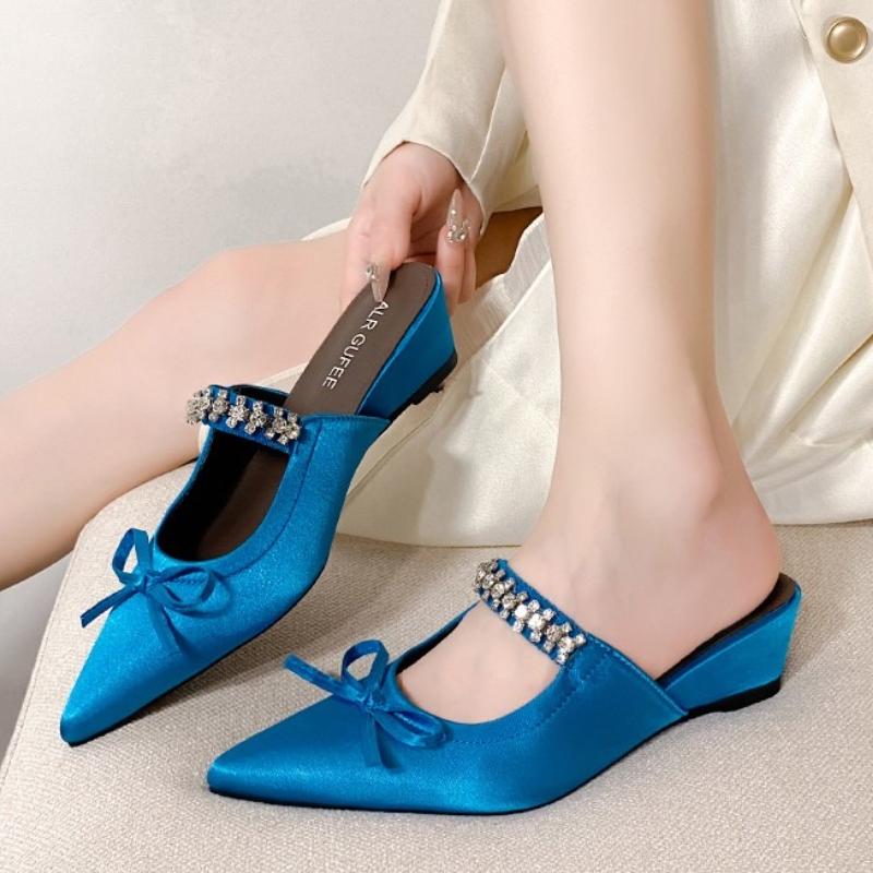 Fashion Wedges Crystal Women Slippers Elegant Mid Heels Sandals Slingback Mules Shoes Fashion Woman Pumps 2025 Summer New Dress Zapatos