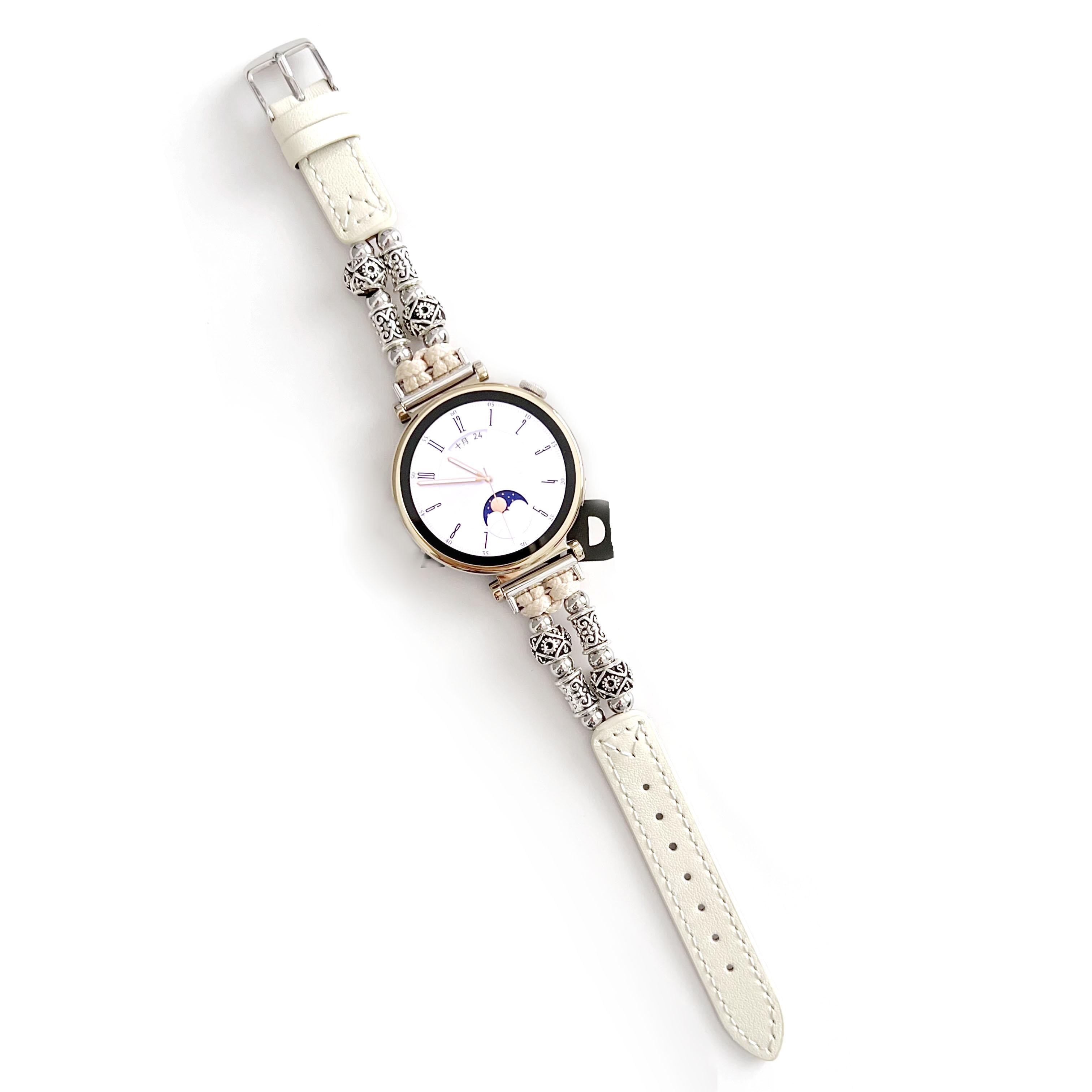 

For Huawei Watch GT 4 41mm/Garmin Venu 3S 18mm Watch Band PU Leather Beads Wrist Strap White