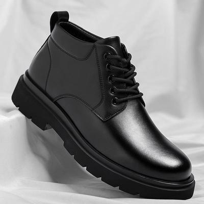 Martin Men's 2024 Black Leather Boots: Plus Velvet, Thickened, Height-Enhancing, Casual, Warm Work Boots for Autumn/Winter