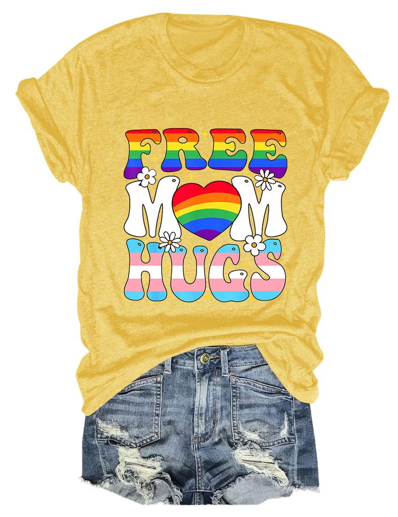 Summer New Shortsleeved Casual Tshirt Free Mom Hugs Print Loose Crew Neck Fashion Top Jumper
