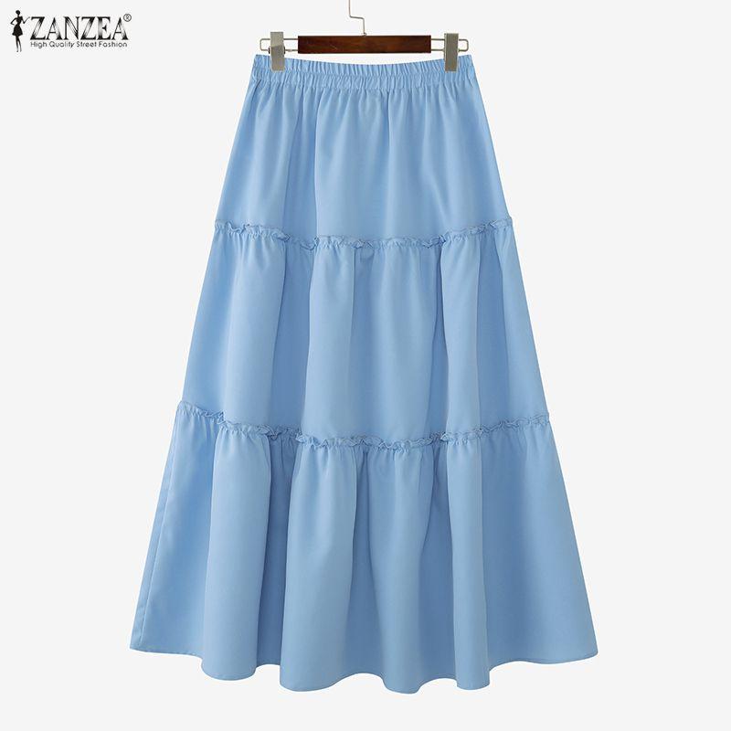 ZANZEA Women Casual Elastic Waist Solid Color Loose Long Skirts