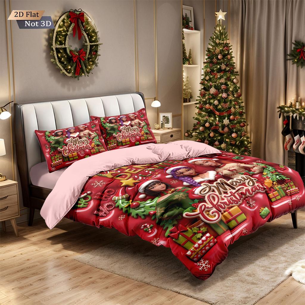 3pcs Christmas imitation relief K-Pop Demon Hunters printed coreless down comforter set multi size bedroom bedding decoration
