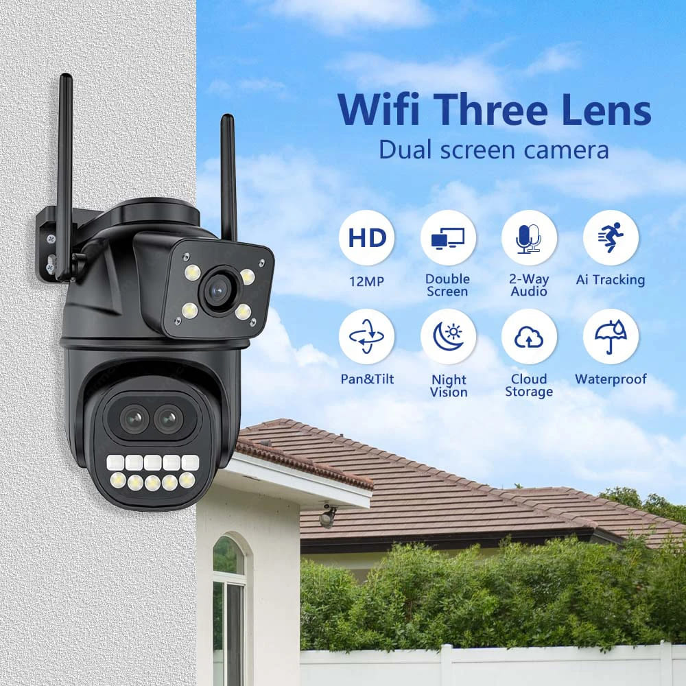 12MP 6K HD External WiFi IP Camera Outdoor 8x Zoom Three Lens Dual Screen Auto Tracking Security Protection CCTV Surveillance iCSee App