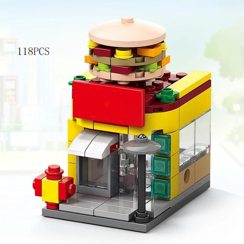 City Mini Shop Supermarket Street View Model Building Blocks Hamburger Restaurant Retail Store Bricks Architecture Friend Girl