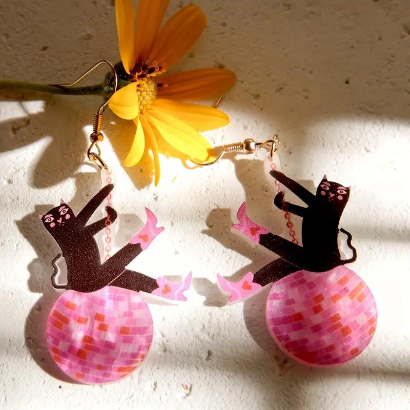 European and American pink disco cat earrings carnival gifts flat acrylic creative cartoon animal earrings