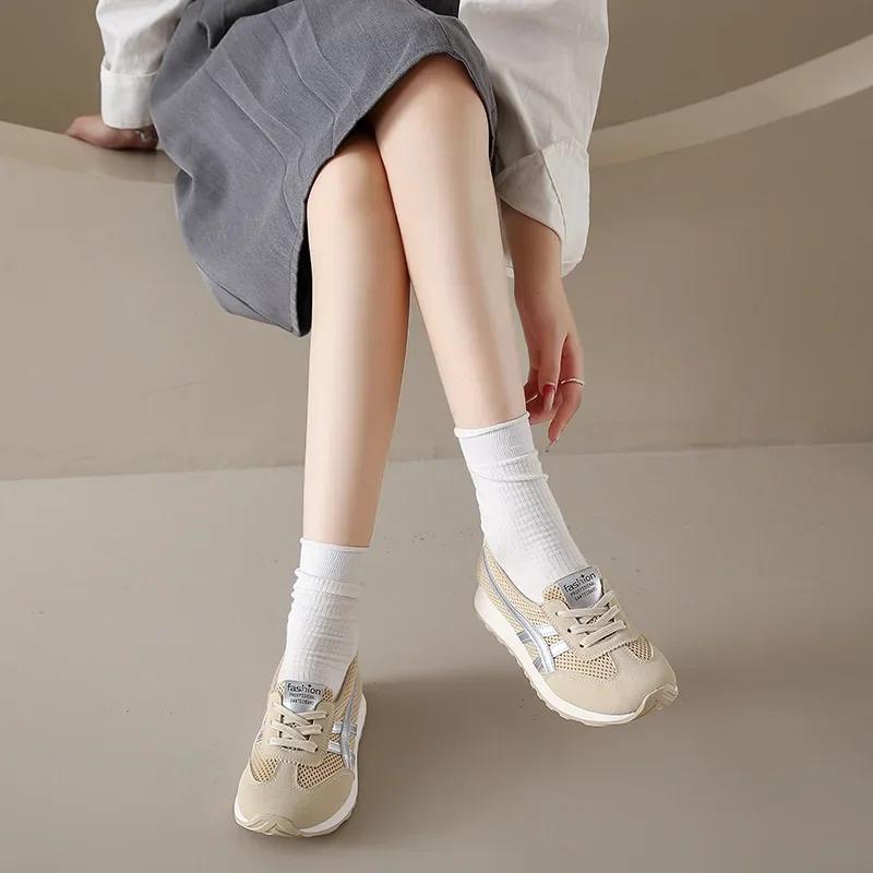 Fashion Women's Shoes 2025 Spring and Summer Breathable Casual Shoes Korean Female Non-slip Lace-up Mesh Walking Shoes Zapatillas Mujer