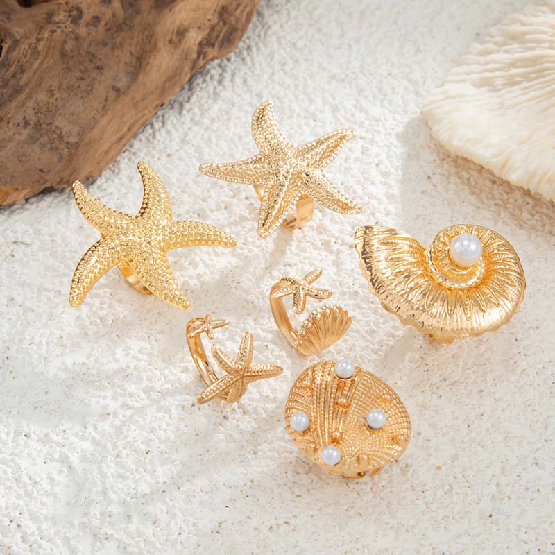 6Pcs/Set Vintage Gold Color Starfish Shell Rings Set For Women Exaggerated Metal Large Pearl Star Knuckle Rings Beach Jewelry