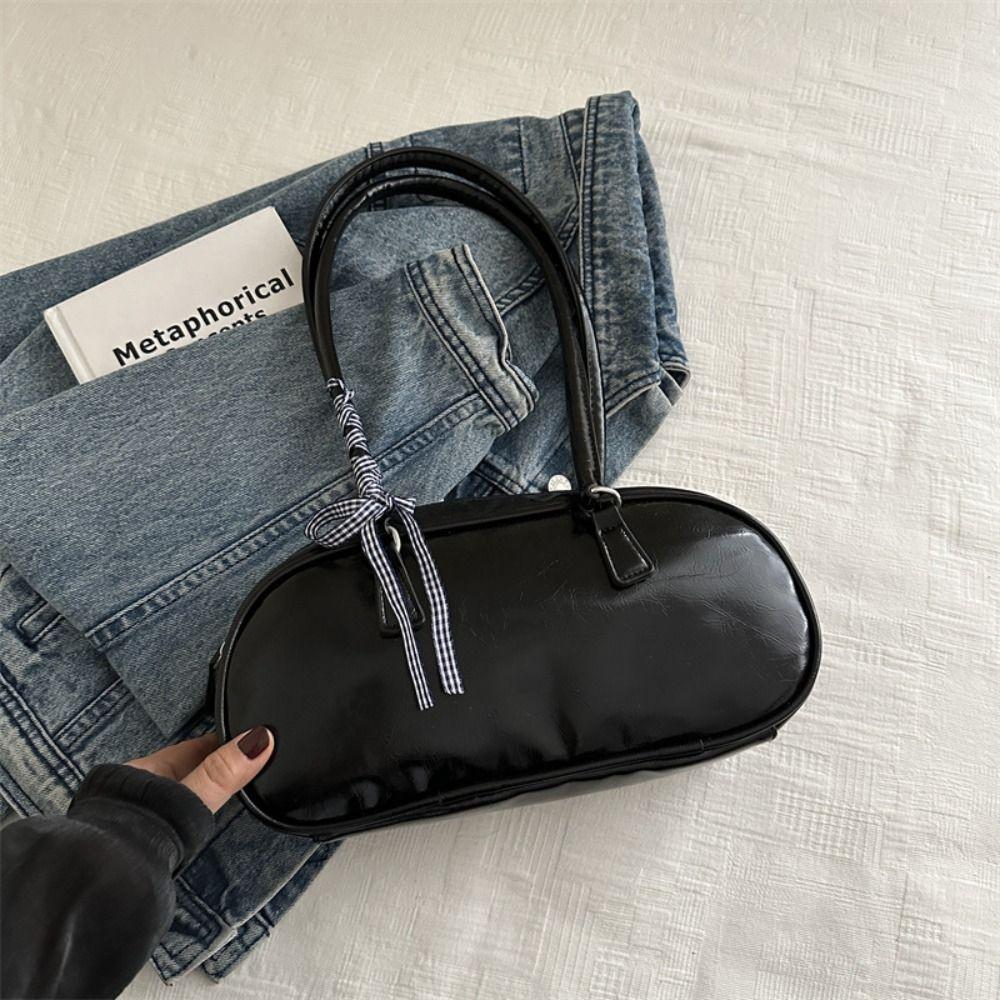 

Large Capacity Balletcore Bow Bowler Bag PU Leather Silver Single Shoulder Bag Unisex