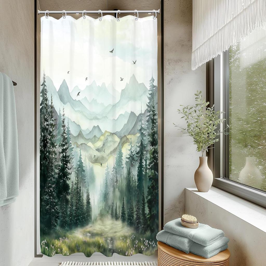 Rustic Green Mountain Shower Curtain for Bathroom Nature Misty Pine Tree Modern Woodland Watercolor Scenery Landscape Fabric