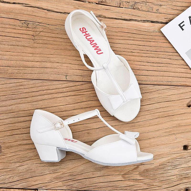 New Pink Satin Bow Girls Children/Child/Kids Ballroom Tango Salsa Latin Dance Shoes Low Heel Shoes 3.5CM