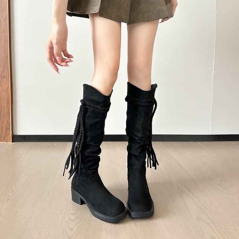 

Leather retro wasteland wind long boots women s thick heel thin pleated piled boots thick sole but knee high knight boots 40 чёрный