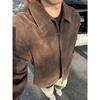 Unisex retro kávová semišová klopová bunda s pocitem jelení kůže - Regular Fit pro podzim/zimu
