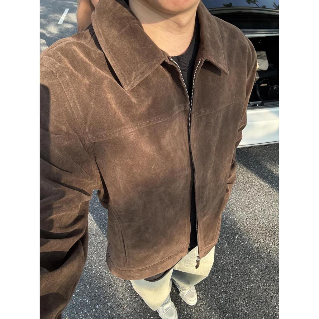 Unisex retro kávová semišová klopová bunda s pocitem jelení kůže - Regular Fit pro podzim/zimu