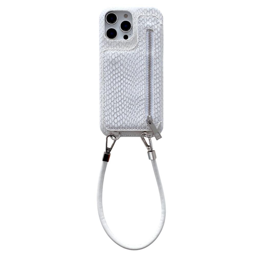 For iPhone 15 Pro Max Case Zipper Card Holder Mirror Snake Texture PU+PC Back Cover with Lanyard
