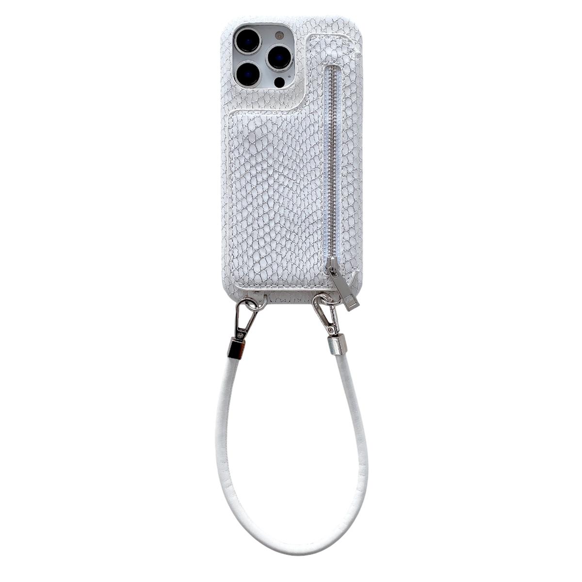

For iPhone 15 Pro Max Case Zipper Card Holder Mirror Snake Texture PU+PC Back Cover with Lanyard White