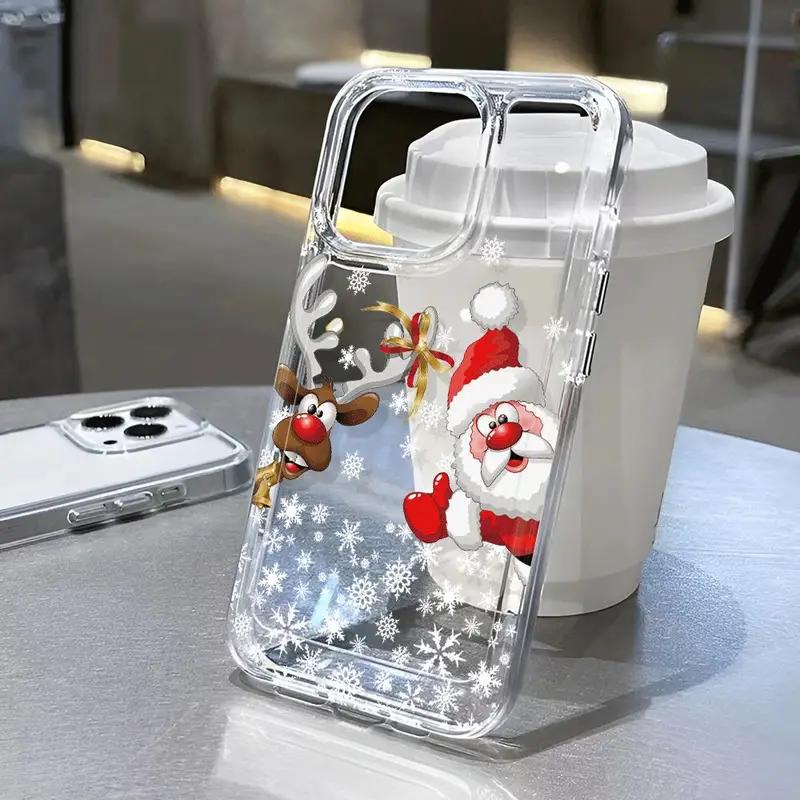 Christmas Reindeer and Santa Claus Clear Case for iPhone 16 11 12 13 14 15 Pro Max Xs XR 8 Plus Ultra Thin Soft Silicone Cover