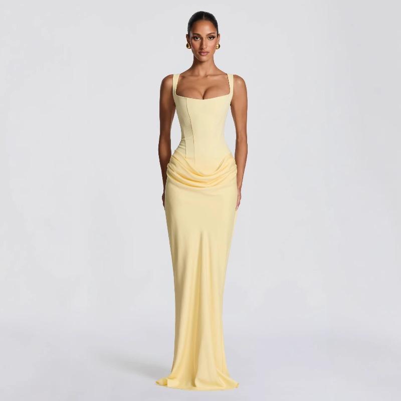 European and American Spring and Summer New Women's Clothing Fashion Solid Color Slim-fitting Waist Fold Hip-wrapped Temperament Suspender Dress Women