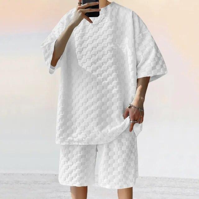 Men's Sports Suit Summer Korean High Street Jacquard Plaid T-shirt Shorts Two-piece Set Male Casual Retro Loose O-neck Top
