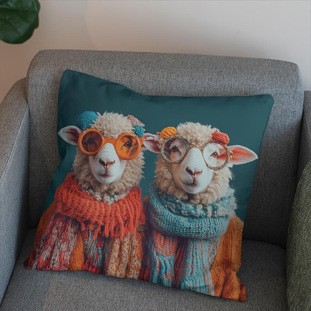 2D Flat- #Cozy Farmhouse Sheep Couple Throw Pillow Cover Cute Winter Knit Style Decorative Cushion Case