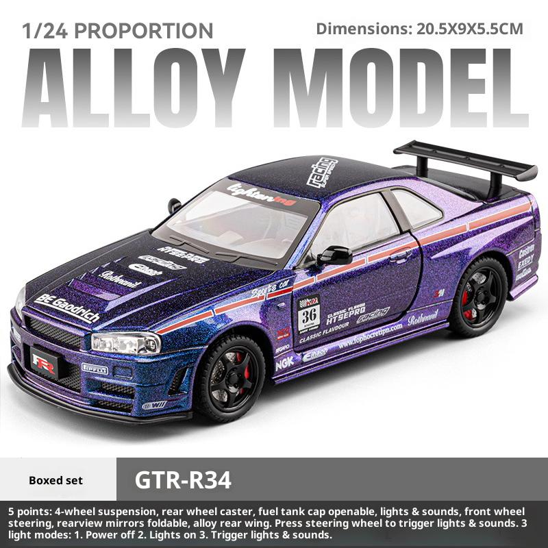 Simulation 1/24 Nissan GTR Alloy Racing Car Model with Sound Light Collection Miniature Voiture Toy Vehicle Children Boy Gift