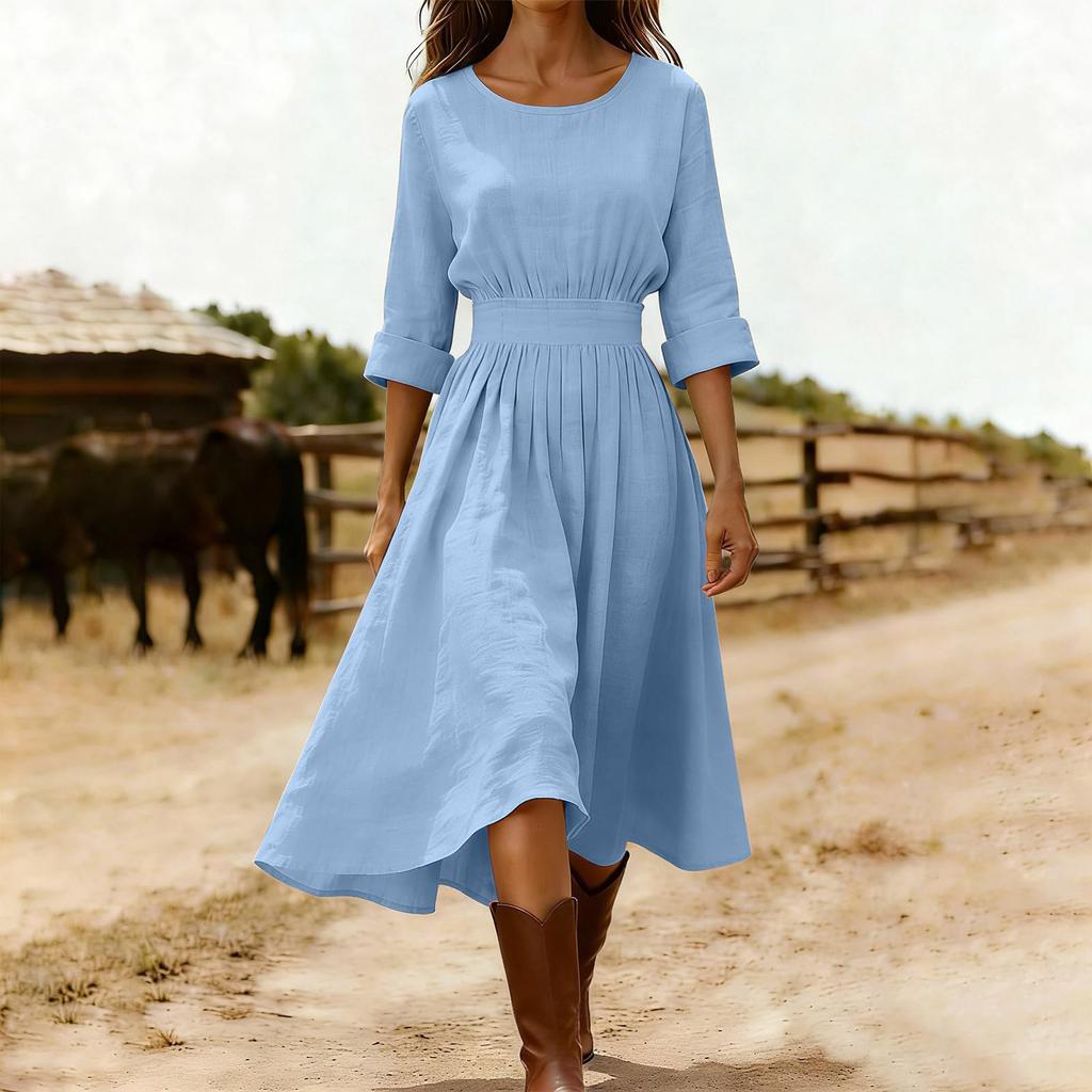 Damen Mode Rundhals Langarm Tailliert Lässig Baumwoll-Leinen-Mischung Kleid