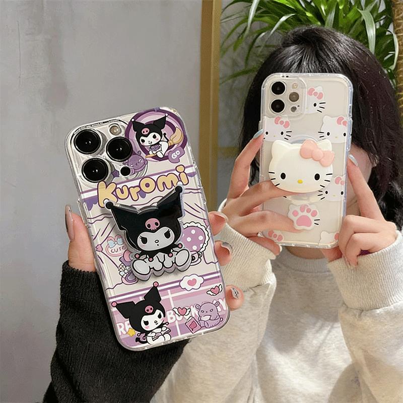 Cute Kuromi Hello Kitty Phone Holder Casing For Samsung A57 A56 A55 5G A54 A53 A17 A07 A36 A35 A26 A52 A34 A16 A15 A14 5G Case