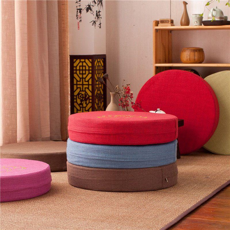 Plush Round Tatami Cushion Pad With Removable Washable Cover And Lotus Print