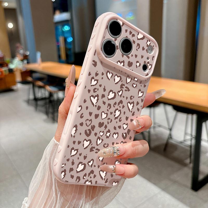 Leopard Print With Hearts Soft Heart Relief Side Phone Case For iPhone 17 16 15 14 13 12 11 Pro Max 14 Plus Shockproof Cover
