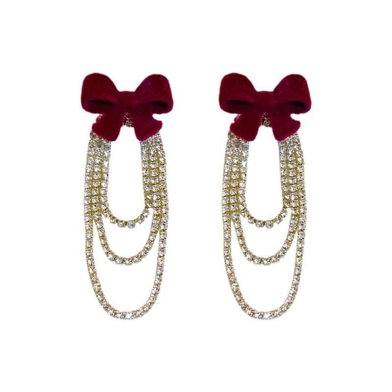 Korean sweet fringed diamond flocking bow long fringed earrings personalized chain earrings