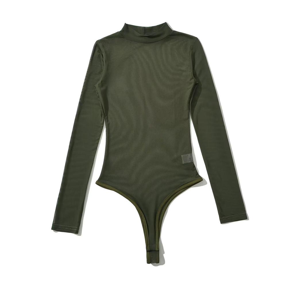 Body da donna YPFF alla moda con colletto alto e rete: Top a strati sexy trasparente a maniche lunghe slim fit