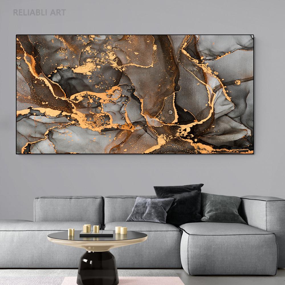 Abstract Dark Gray Blue and Gold Fluid Art Canvas Painting Luxury Gold Foil Posters and Prints for Living Room Decor Cuadros