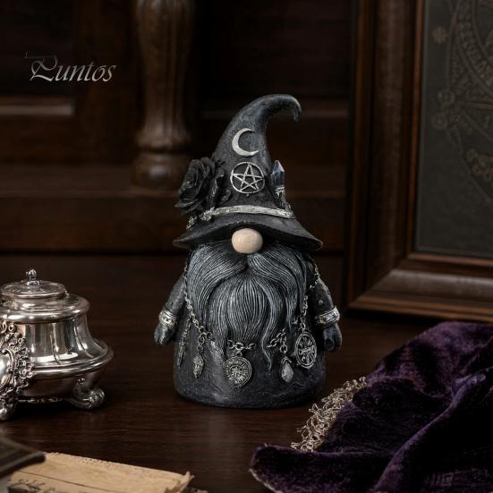 Crystal Stone Ornament Wizard Hat Faceless Gnome Figurine, Mystical Home Decor Statue with Crescent Pentagram Black Rose Witch-themed Display