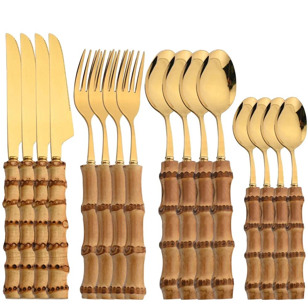 Set di posate da 16 pezzi in acciaio inossidabile con manico in bambù naturale, stoviglie, posate da cucina, include forchette, cucchiai, coltelli, posate da tavola