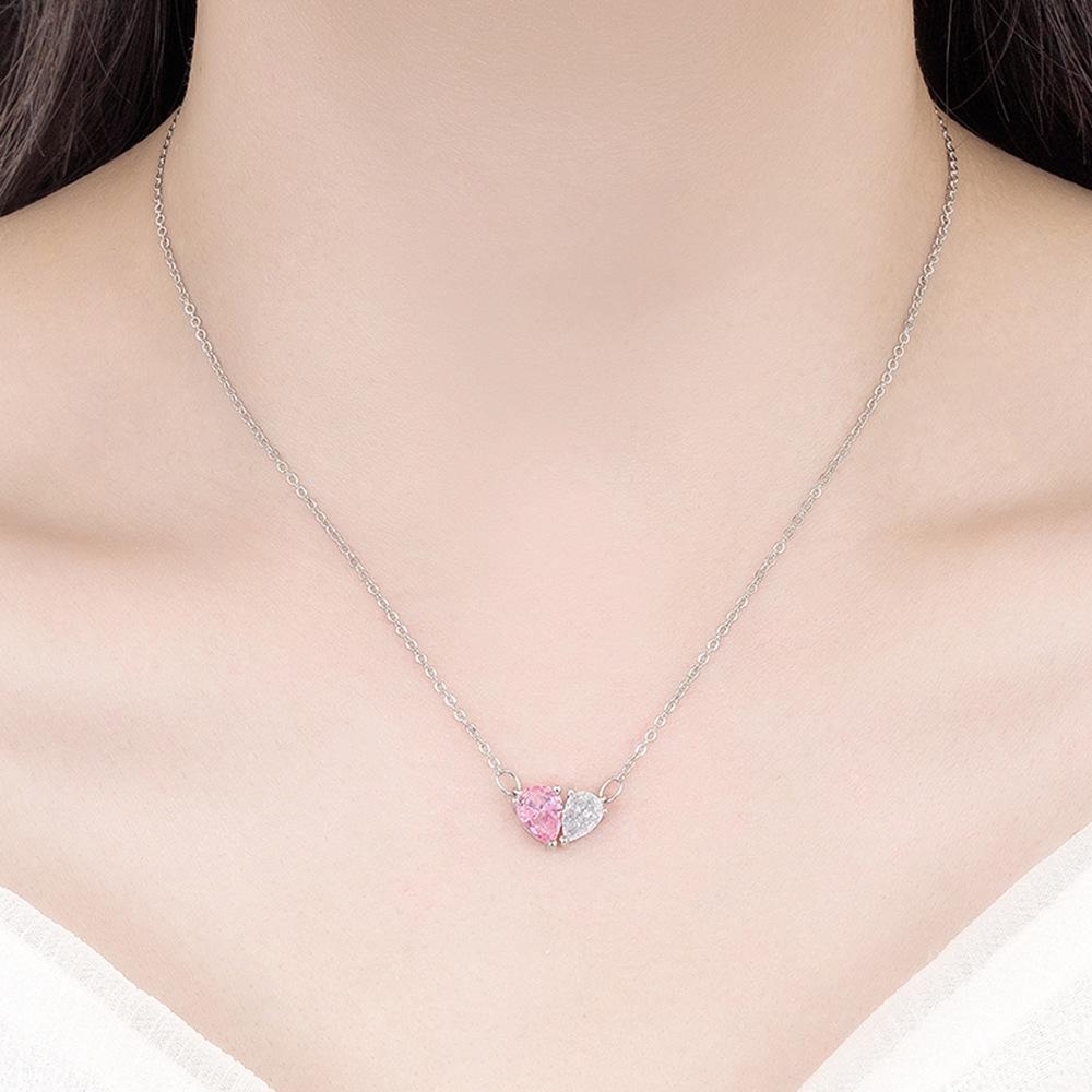 Temperament Love Jewelry Set Pink Zircon Heart Stud Earrings Necklace Design Sense High-End Light Luxury Women'S Gift