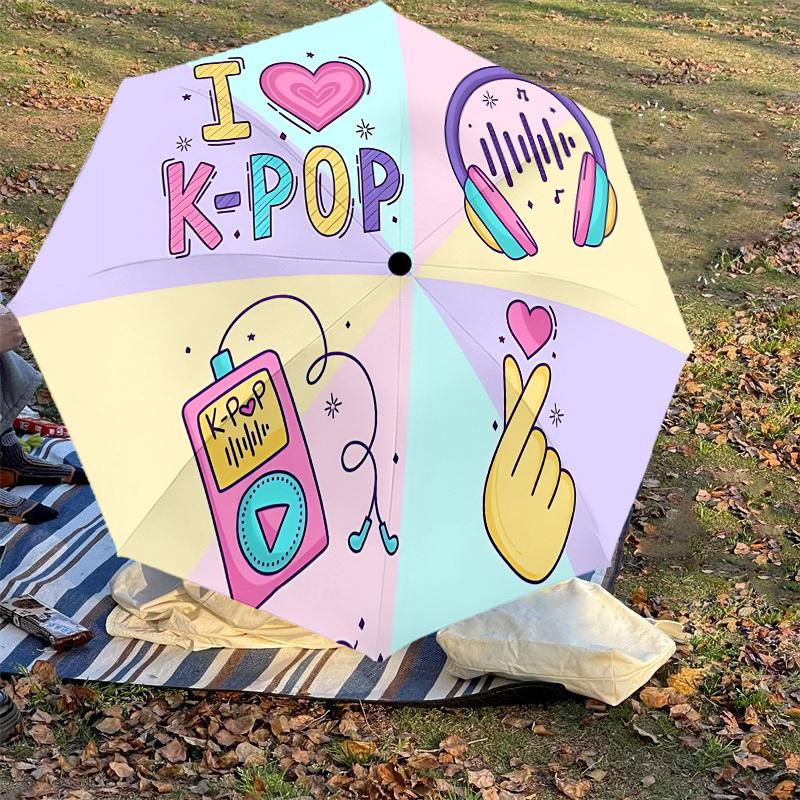 1PC K-pop I Love K-pop Automatic Open/Close Umbrella with Windproof, 8-Rib Sturdy Canopy, Durable Ribs, Fashionable Design, Outdoor Accessory, Fun Pri