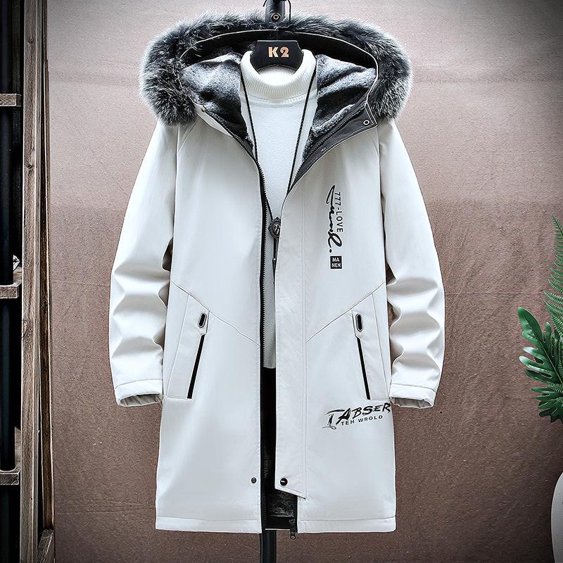 Men's Winter Fleece-Lined Hooded Mid-Length Printed Cotton Coat - Trendy & Warm Casual Jacket