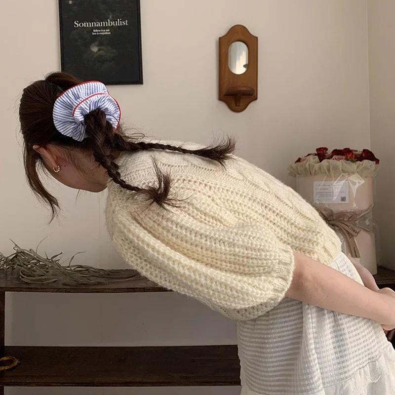 Neue Scrunchies Roter Saum Blau Gestreiftes Haargummi Süß Frisch Elastisches Haarband Mädchen Frauen Haaraccessoires