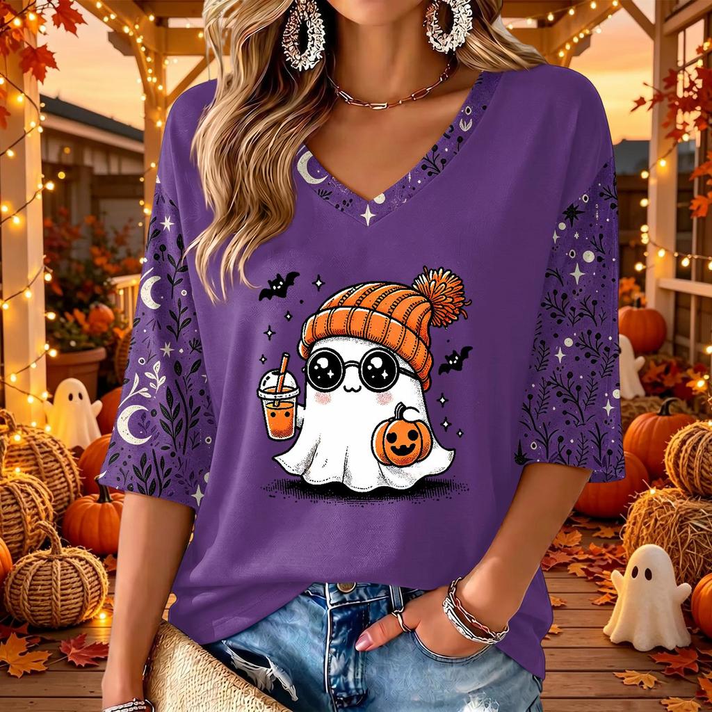 Women's V-Neck Halloween Print 3/4 Sleeve Casual Top