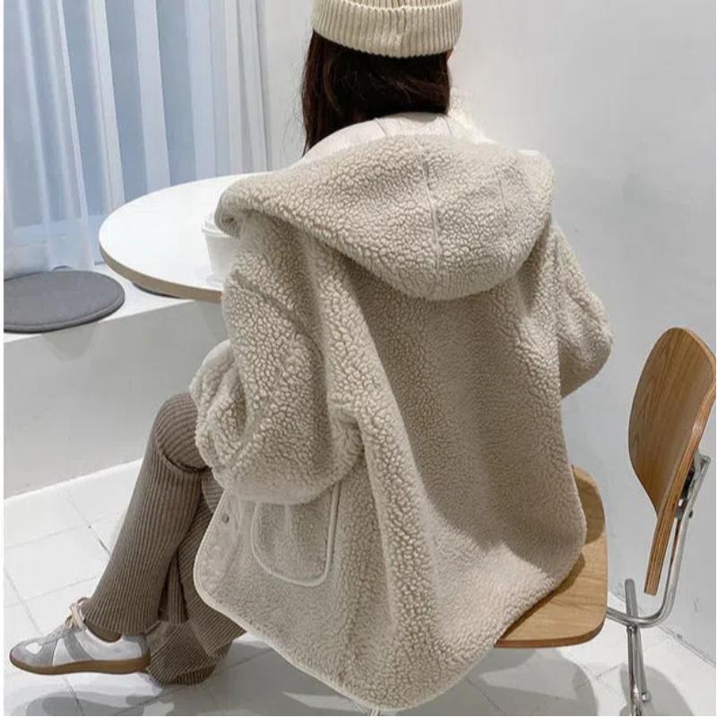 Winter Lamb Plush Thick Hooded New Women's Clothing Korean Version Loose Fit Button Trend Simplicity All-match Pocket Chic Coats