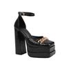 Plus Size Plaid Patent Leather Side Cut-Out Women's Sandals Metal Chain Decoration Ultra-High Double-Deck Platform Fashion Shoes